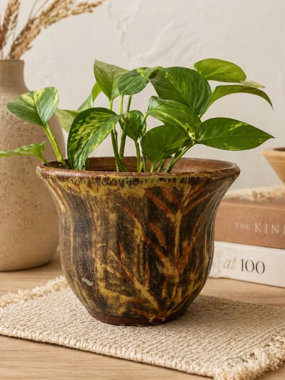 Signed Studio Pottery Vase Planter Earth Tone Drip Glaze Rustic Boho 5